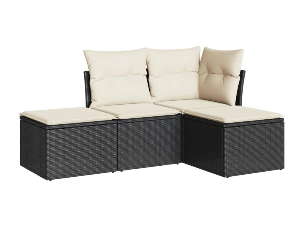 4-piece garden furniture set with cushions, black woven resin, 47497LVRT