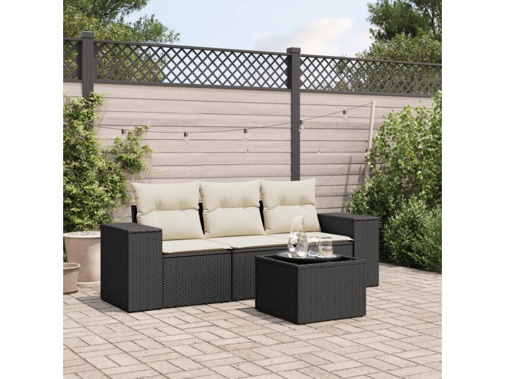 4-piece garden furniture set with cushions, black resin wicker, 61386KHYY