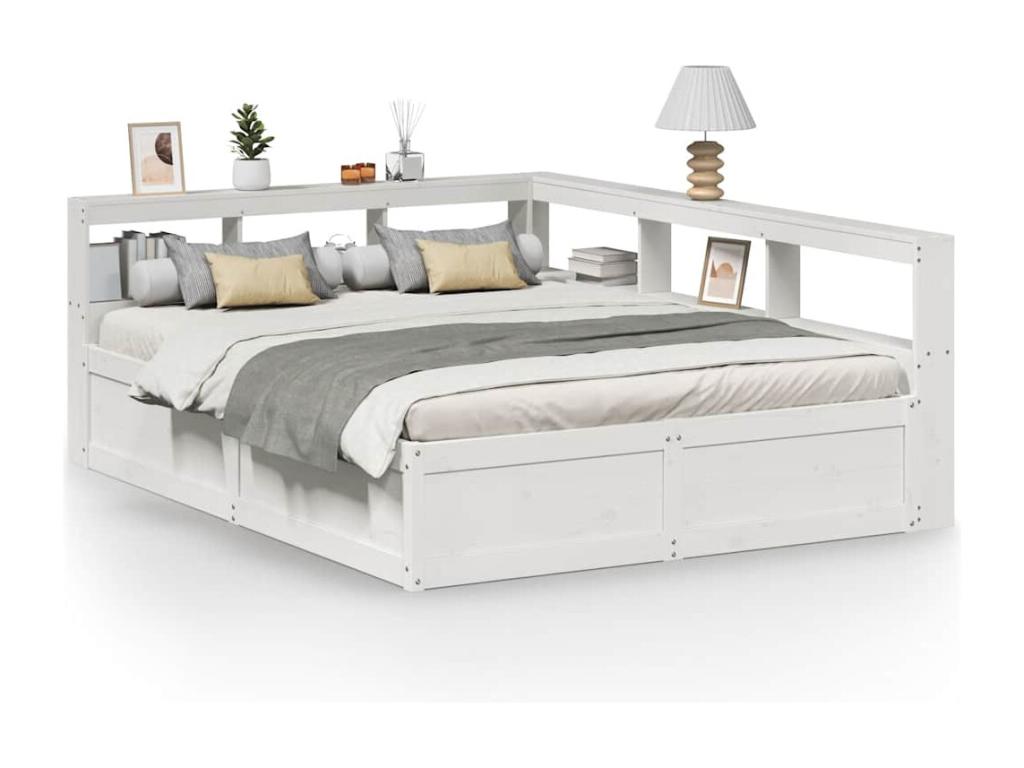 White bookcase bed without mattress, 150x200 cm, solid pine wood, 93997BWFK