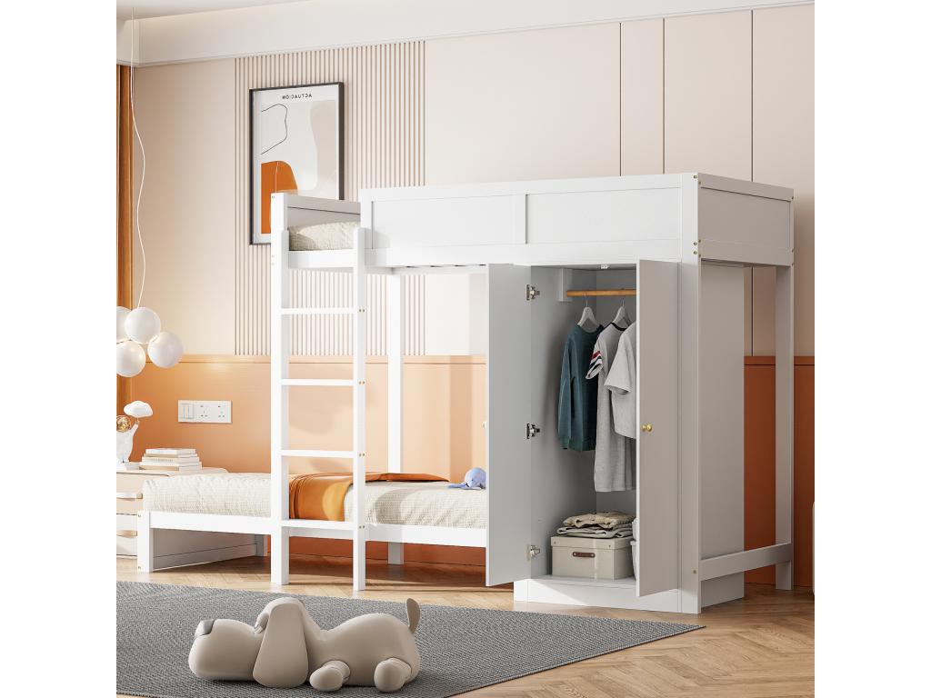 Bunk bed 90x200cm children's bed with wardrobe, high safety rail, white teen bed 01740QPHT
