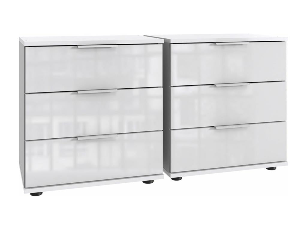 Set of 2 bedside tables/nightstands with 3 drawers, white glass, 29780LKYE