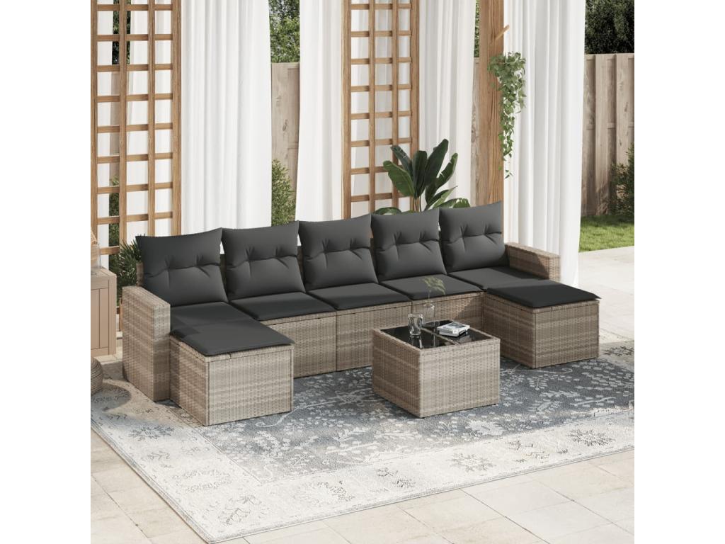 8-piece garden furniture set with light grey resin wicker cushions 92699MSAH