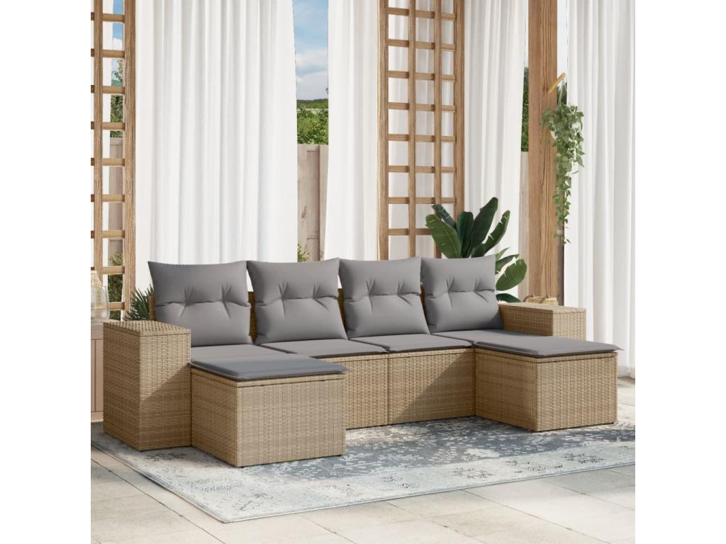 6-piece garden furniture set with cushions, beige woven resin