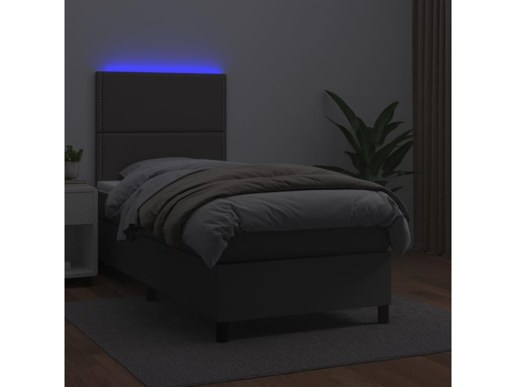 Upholstered bed base with mattress and LED lighting, Grey, 80x200 cm, Faux Leather, 04873EPBW