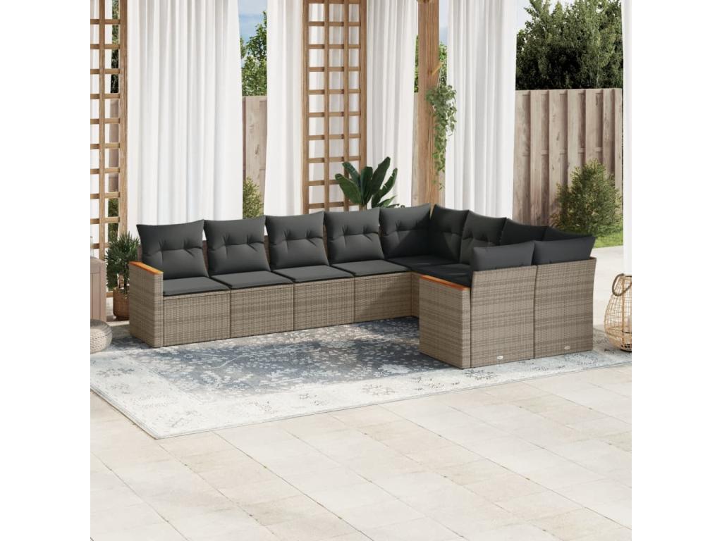 9-piece garden furniture set with grey resin wicker cushions 13954LJMJ