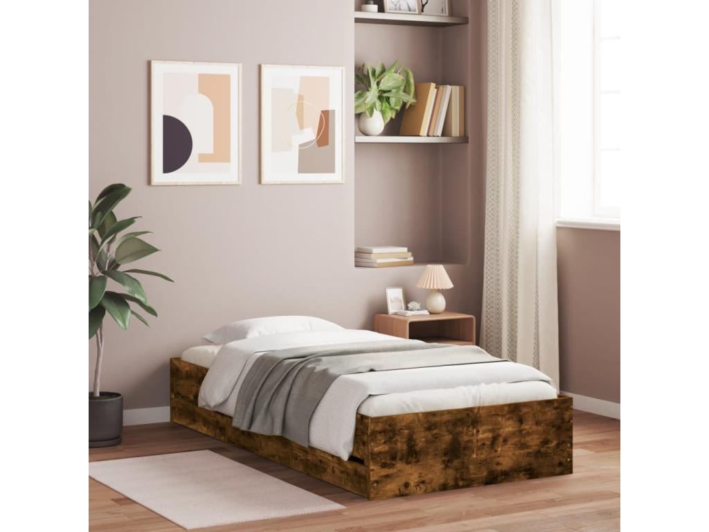 Bed frame with drawers, without mattress, smoked oak, 75x190 cm, 96311RCAL