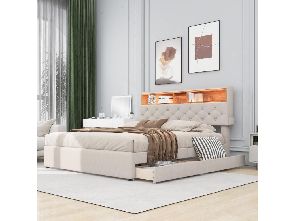 Double bed 140x200cm - with 2 drawers, Bohometop slatted base, adjustable LED headboard with USB charging and storage - Beige 21761MIGH