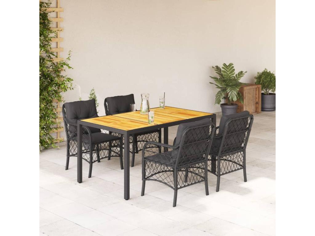 5-Piece Garden Dining Set with Cushions, Black Wicker Resin 39811ZAVM