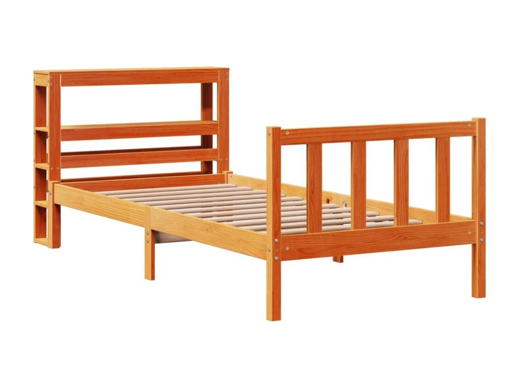 Bed frame with brown wax headboard, 90x190 cm, pine wood, 08794VPOD