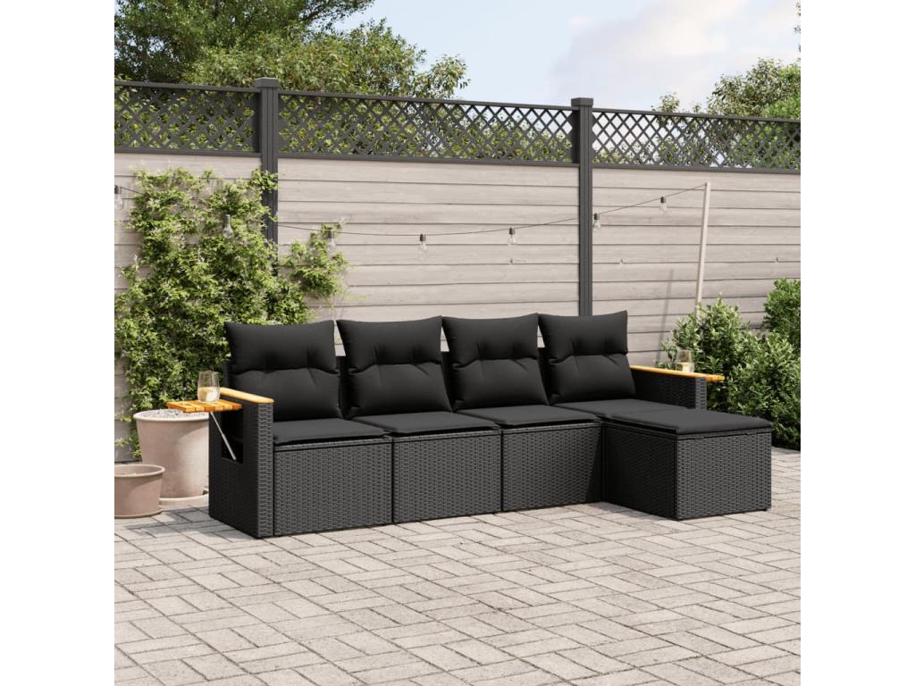 5-piece garden furniture set with cushions, black woven resin, 52934LNRQ