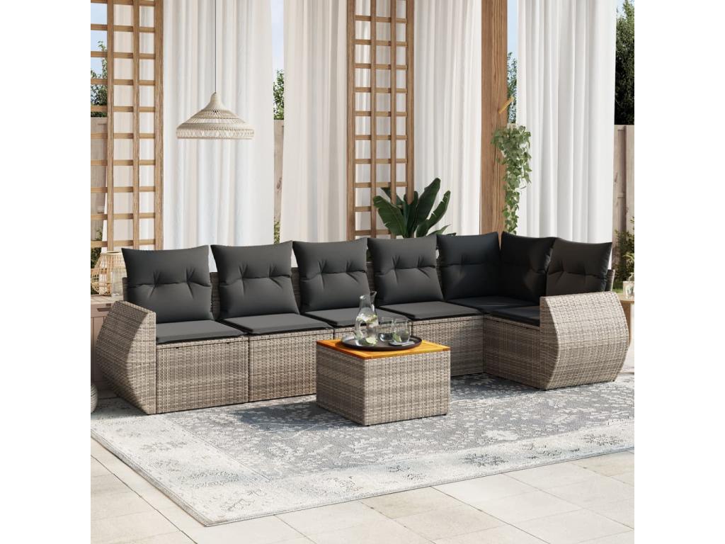 7-piece garden furniture set with cushions, grey woven resin 08729BLMH