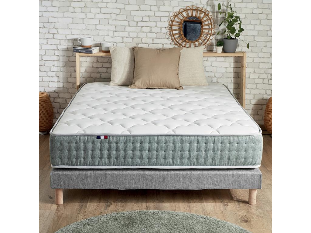 Bohometop 7-Zone Spring Mattress Set with Bed Base, Duvet, and Pillows. Made in France. Dimensions: 140x190 cm. Bed Base: Heather Grey. 86204KAVG