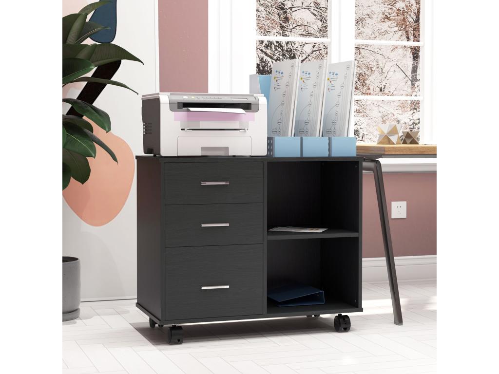 Bohometop Printer Stand Desk Organizer with 3 Drawers, 2 Shelves, Large Top, Particleboard, Black 53840HOED