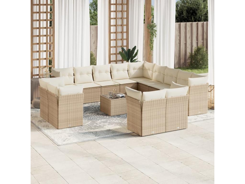 14-piece garden furniture set with cushions, beige woven resin, 93442NHUZ