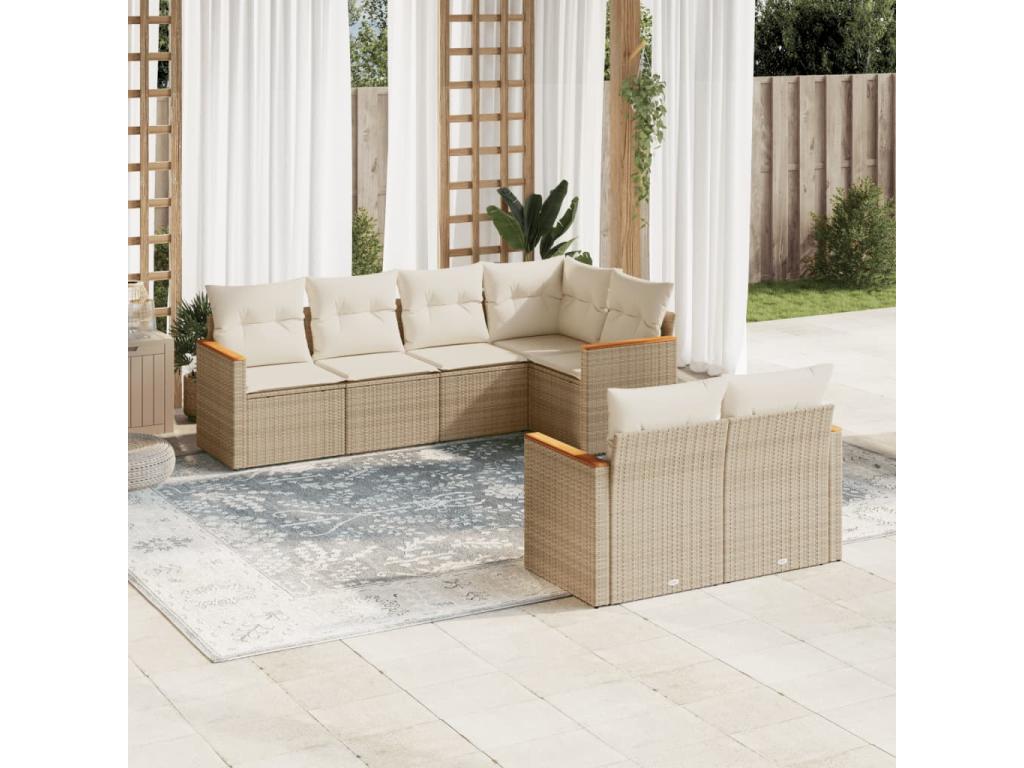 7-piece garden furniture set with cushions, beige wicker resin, 52859CPUN