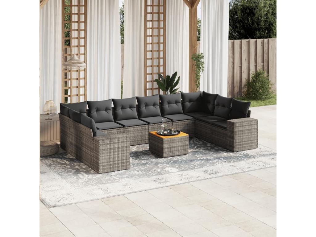 11-piece garden furniture set with grey resin wicker cushions 84743ZQSB
