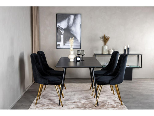 Bohometop extendable table set (120/160 cm length), black, and 4 Velvet Bohometop chairs in black velvet with brass trim. 94548ZFEF