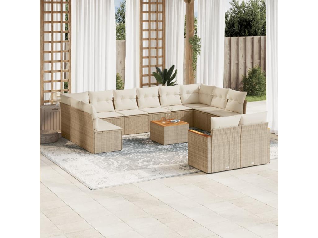 13-piece garden furniture set with cushions, beige woven resin, 39086RGHE