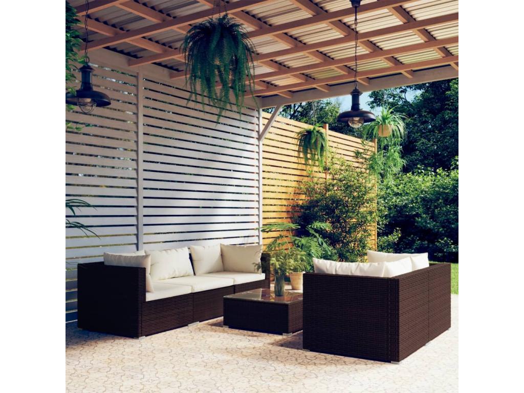 6-piece garden furniture set with cushions, brown wicker resin, 79484SYMT