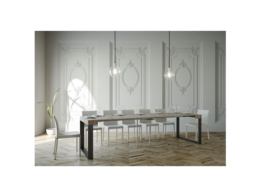 Extendable console table in wood with 2 anthracite steel legs, Elatra 90x40-196 or 90x40-300 - Cement Grey - 4-leg support - 5 slim extensions 96137CPKS