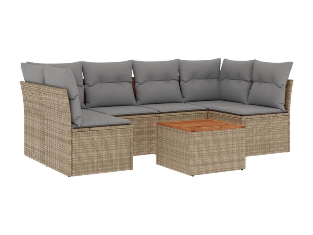 7-piece garden furniture set with cushions, beige woven resin